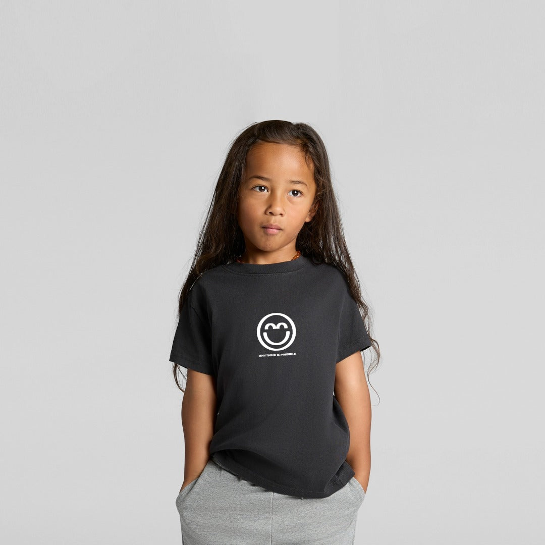 Kids Faded Black "Anything is Possible" Smile Shirt | Positive Children’s Tee