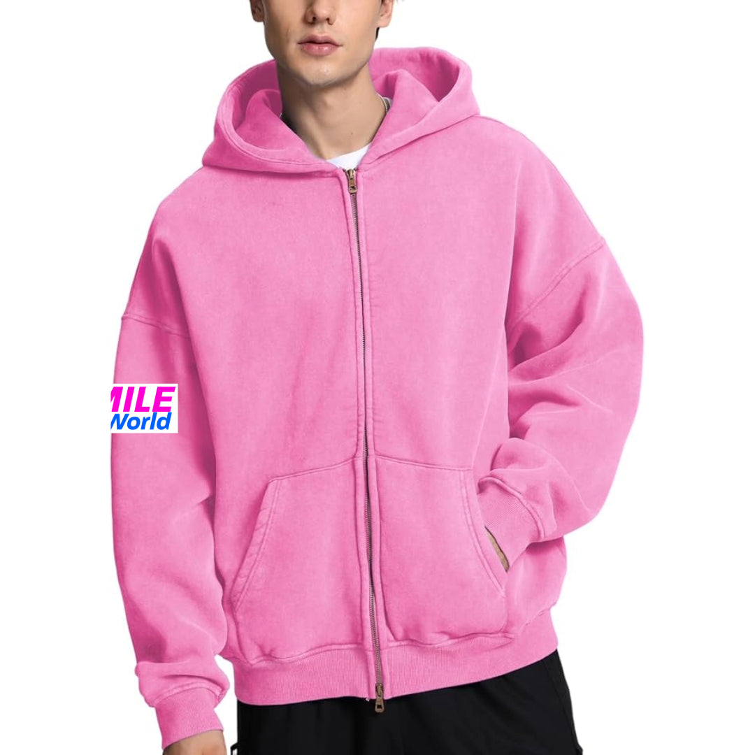Pink Double Zip-Up Smile World Hoodie
