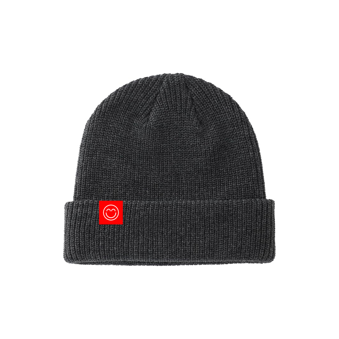 Charcoal Grey Smile Beanie with Red Tag