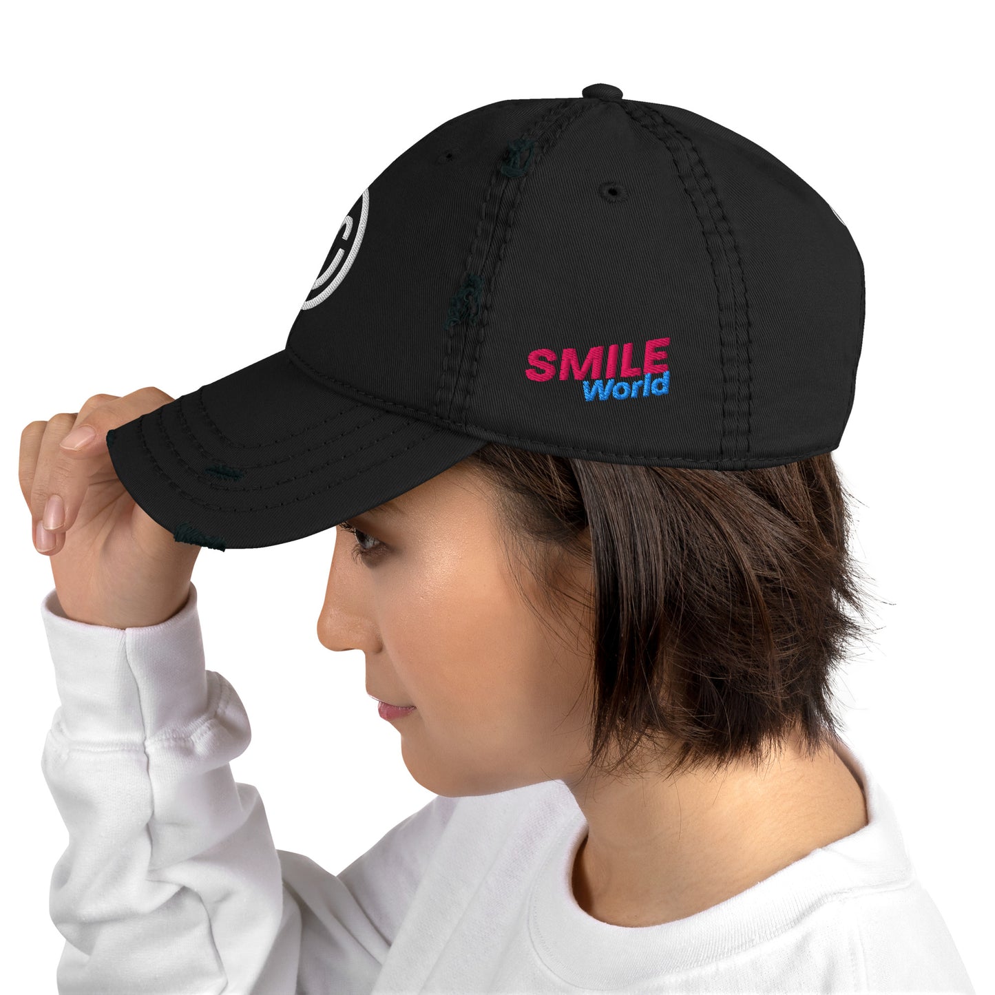 Distressed Dad Hat - Smile World - Adjustable Strap-Back Cap