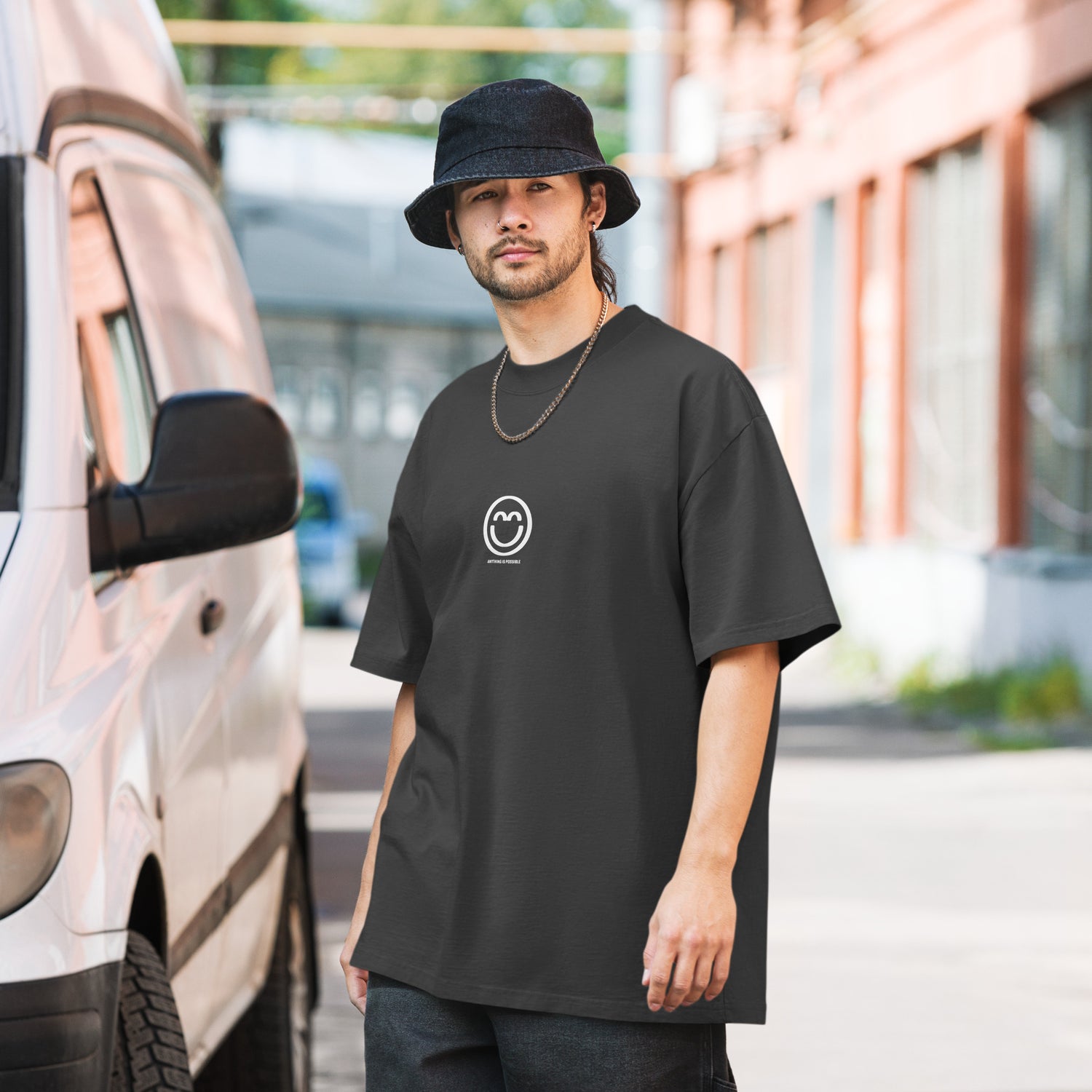 Men's Oversized Faded Gray Smile T-Shirt - Anything is Possible